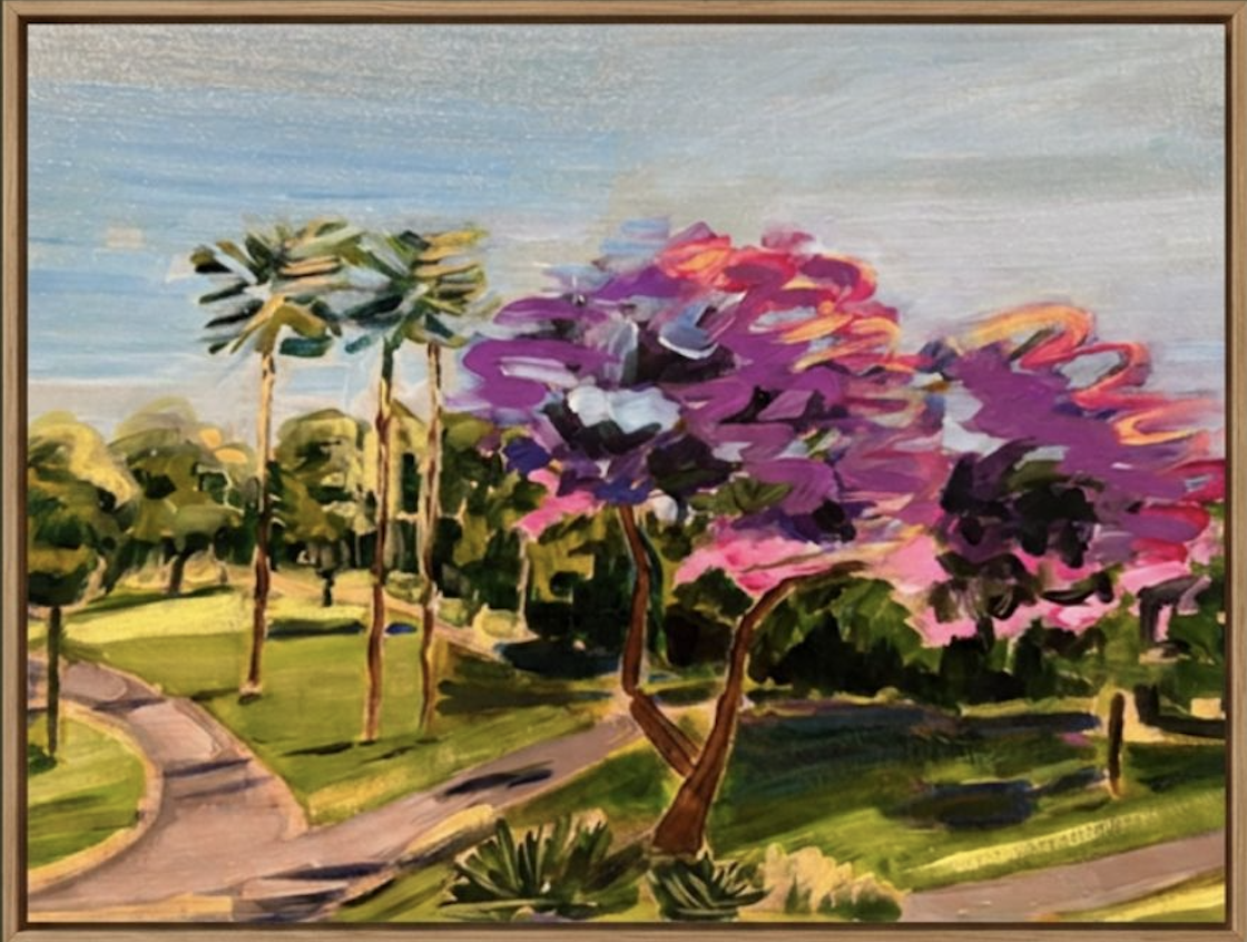 A colorful landscape painting of a park with a pink flowering tree in the foreground, tall palm trees, a winding path, and a blue sky.