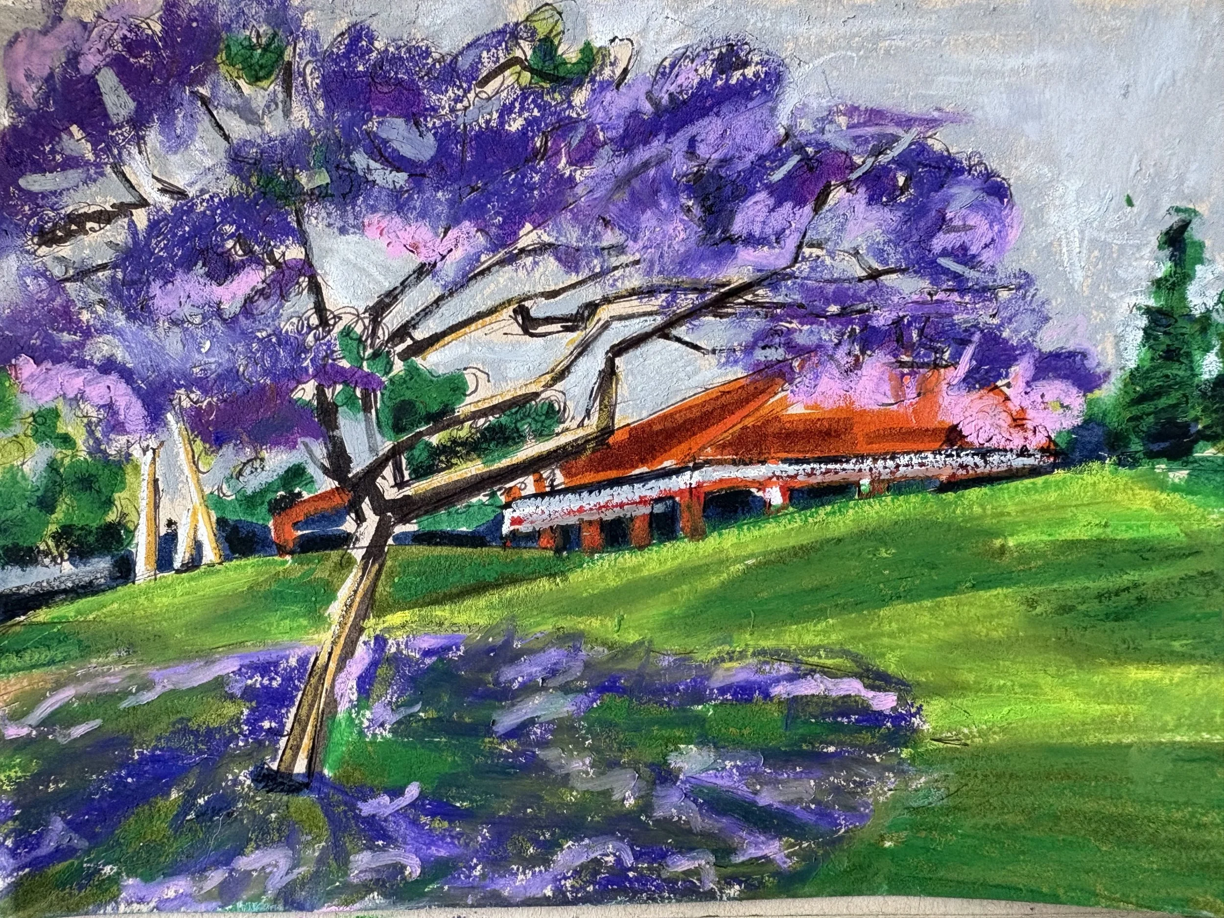 A colorful abstract painting of large purple flowering trees, orange building roof, green grass, and a bright light sky.