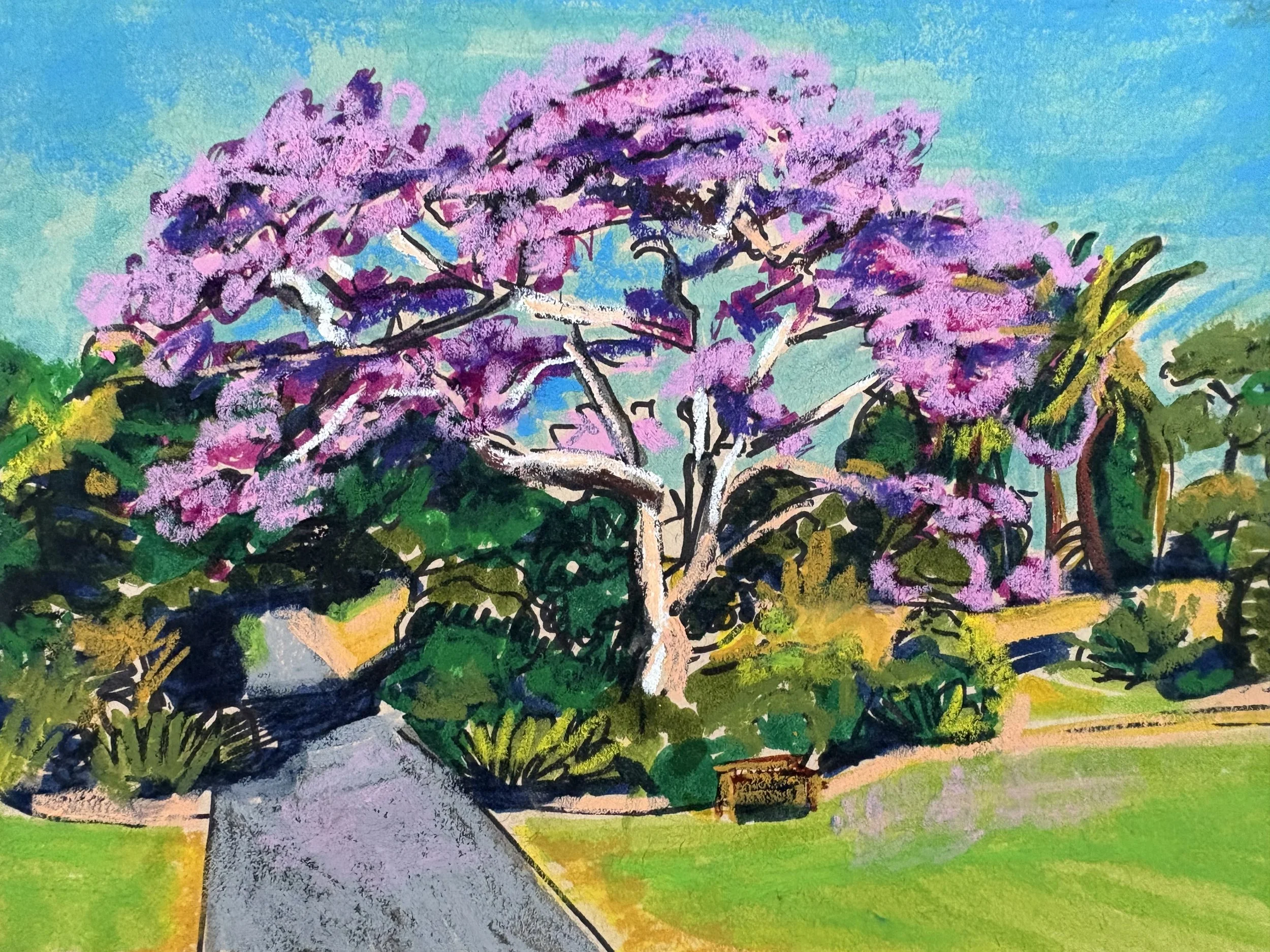 Colorful painting of a flowering tree with pink and purple blossoms, set against a bright blue sky with green grass and a stone path in the foreground.