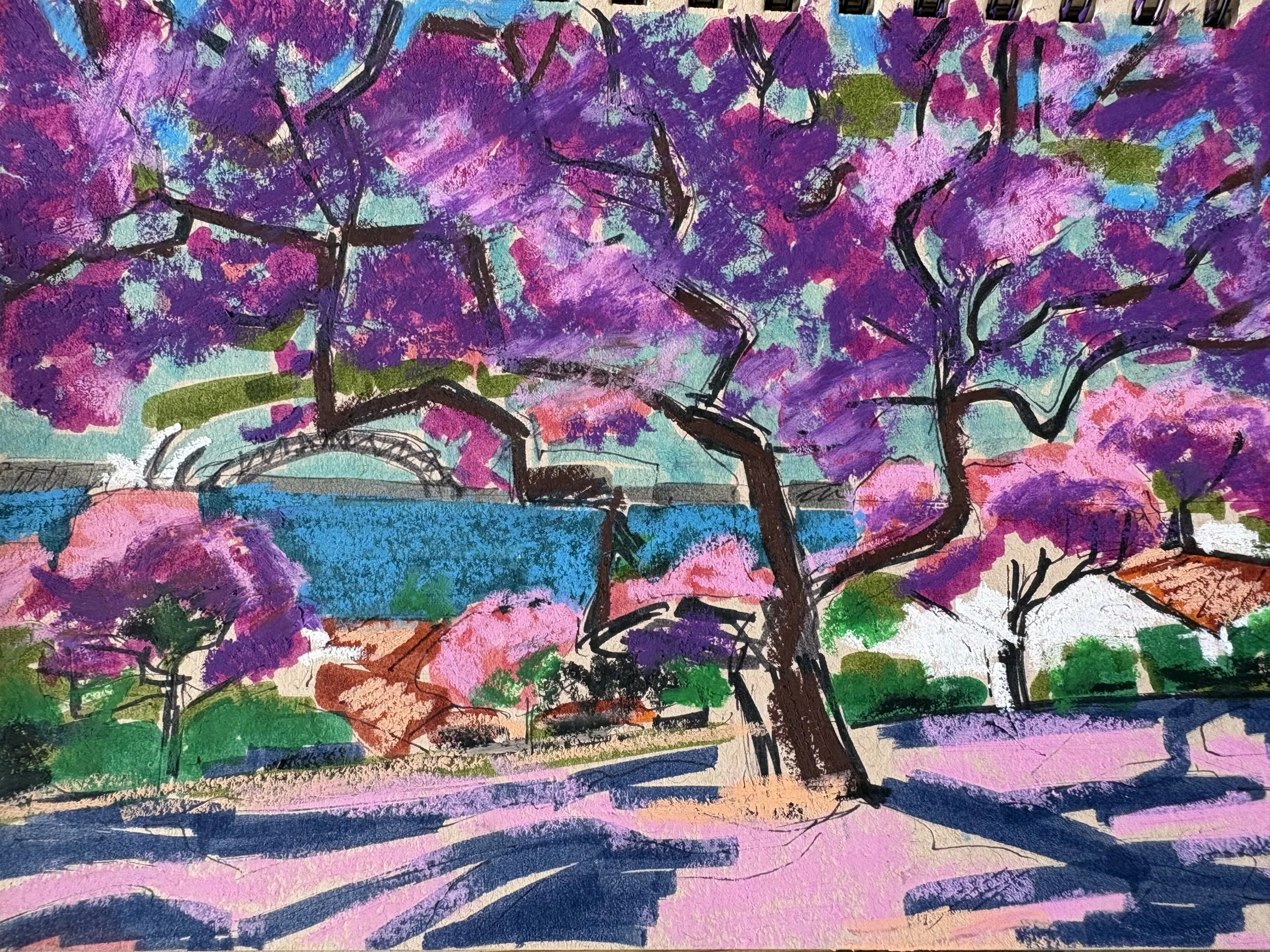 An impressionistic drawing of trees with purple blossoms, black branches, green and pink foliage, and a blue sky