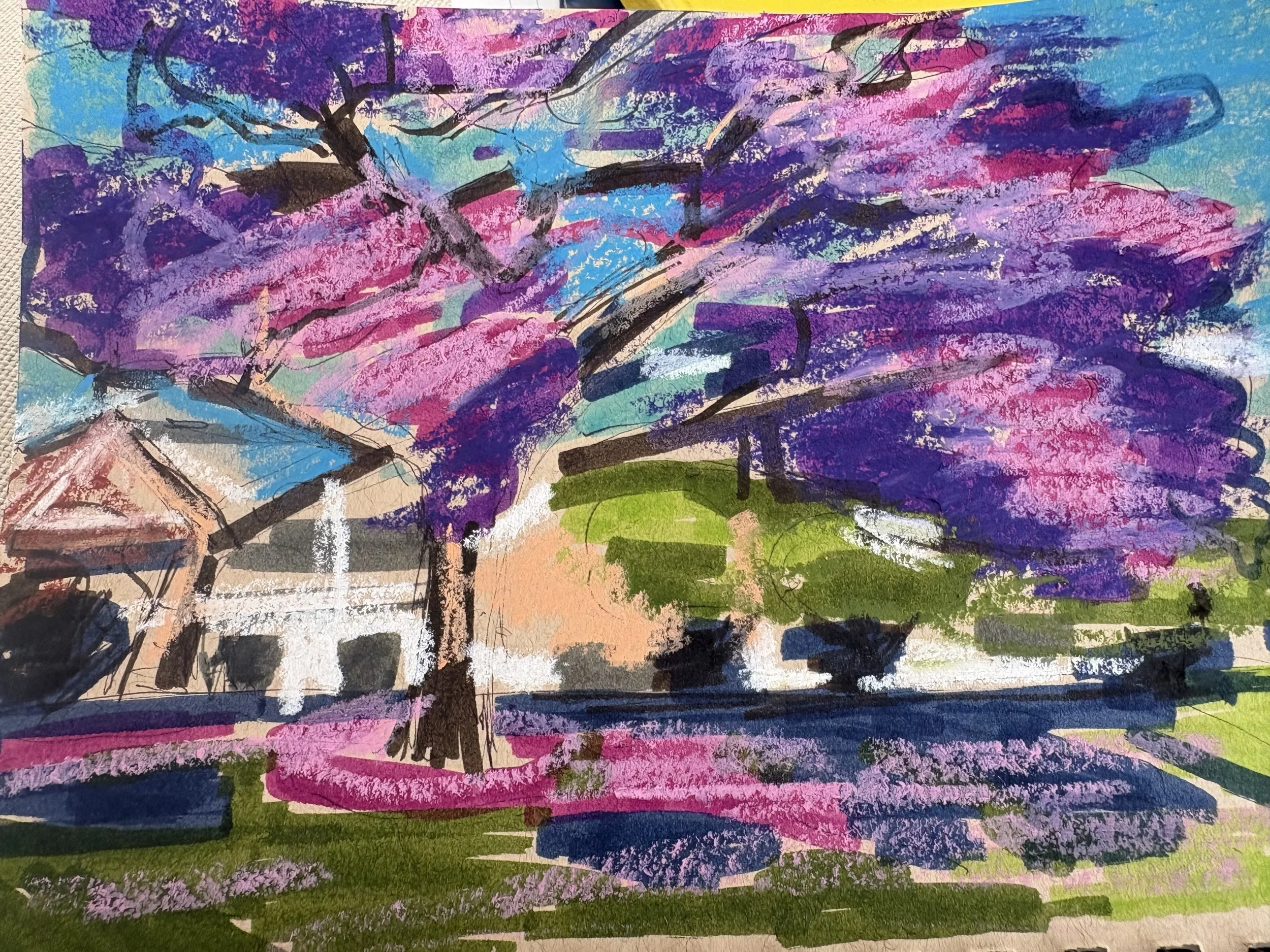 A colorful painting of trees with purple, pink, blue, and green foliage, a house with a gray roof, and a vibrant sky.