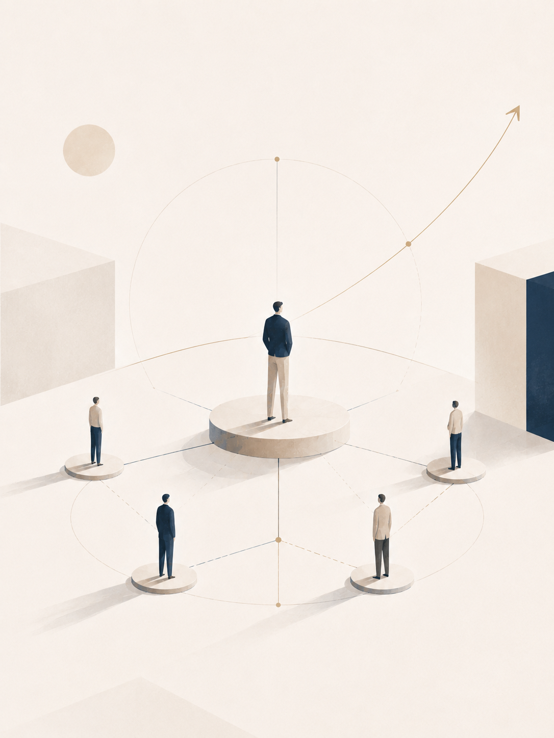 Illustrazione stilizzata di figure professionali connesse tra loro, simbolo di leadership, organizzazione e crescita manageriale.