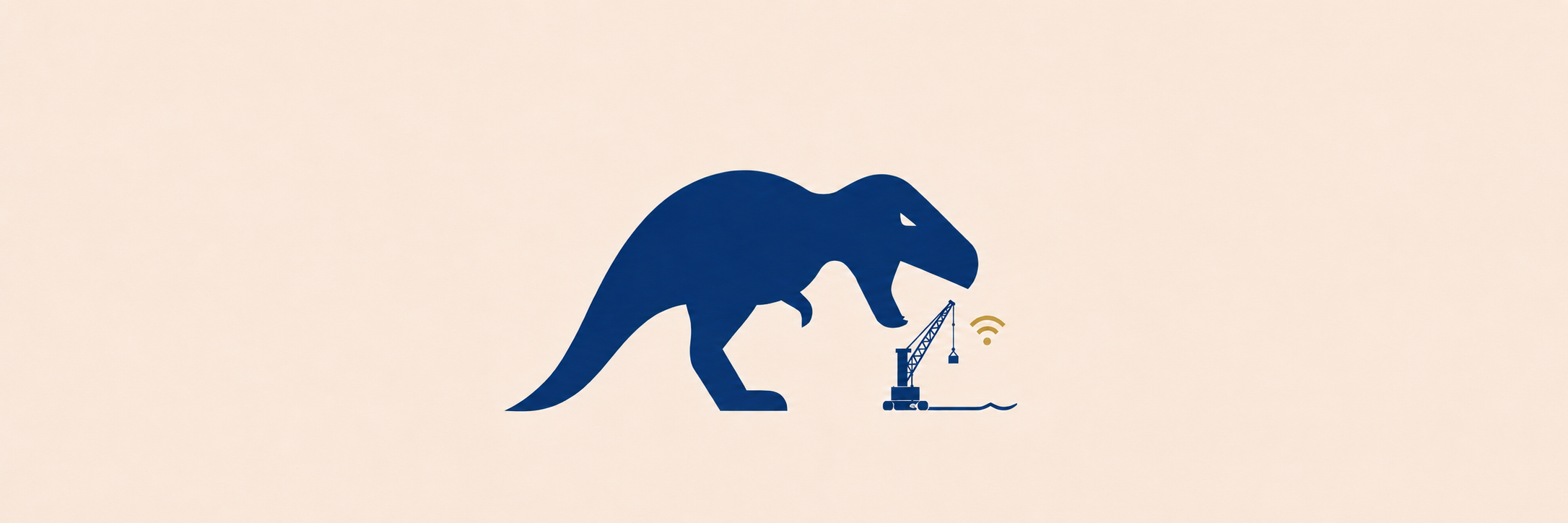 llustrazione minimalista di un dinosauro blu navy che sovrasta una gru portuale stilizzata con segnale Wi-Fi dorato, simbolo dello smartless port: tecnologia presente ma priva di regia e integrazione.