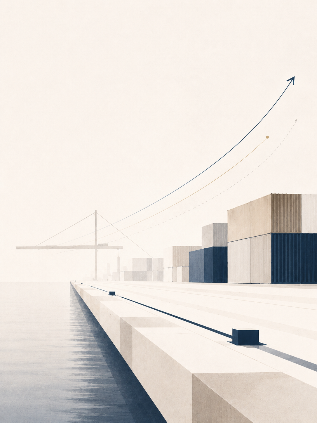 Illustrazione stilizzata di un terminal portuale con container, gru e linee di crescita, dedicata a innovazione e sviluppo industriale.