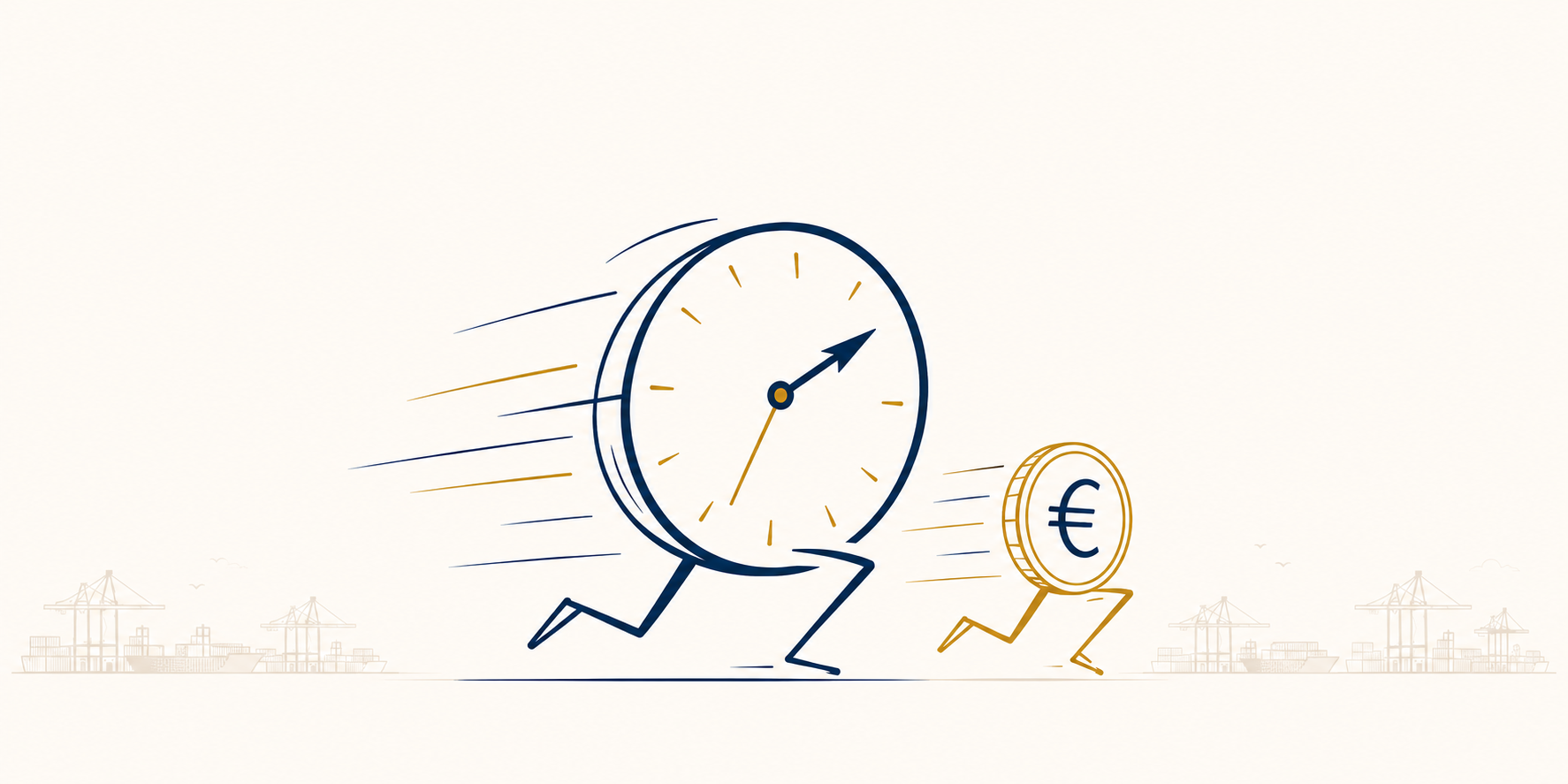 L'orologio simbolo della call time ed euro simbolo della call cost che corrono e sullo sfondo un porto, simbolo dell'articolo di approfondimento sulla produttività