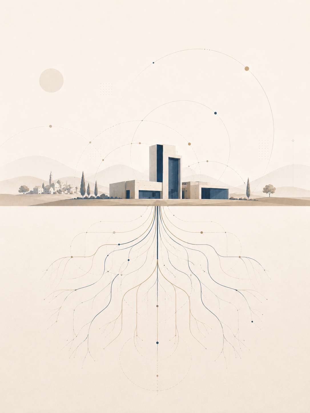 Illustrazione stilizzata di un edificio moderno con radici che si diramano sotto terra, simbolo di impresa collegata al territorio.