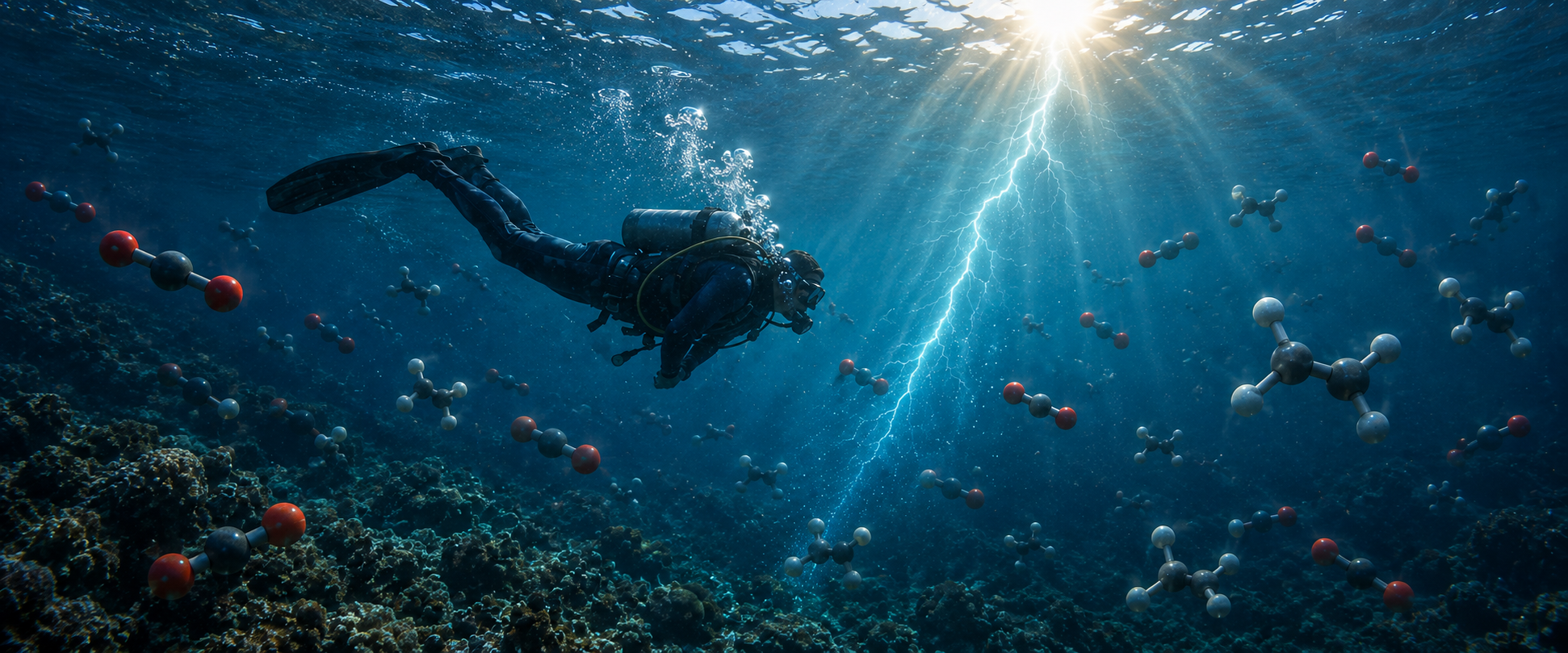 A scuba diver swimming underwater during a thunderstorm with lightning in the sky, surrounded by floating molecular models.