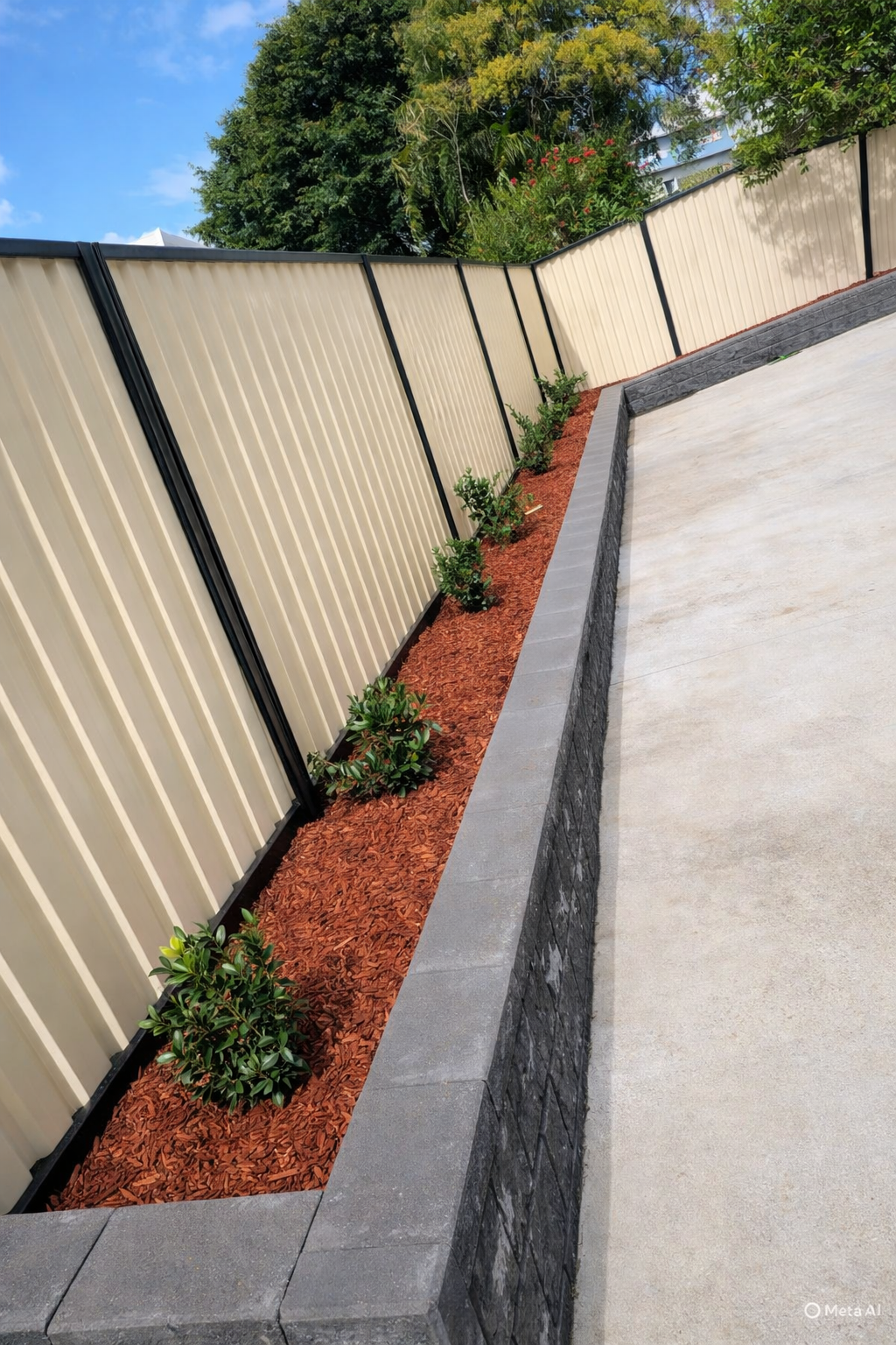 A landscaped outdoor area with a beige metal fence, small green plants along a mulch bed, gray stone border, and a concrete walkway under a clear blue sky.