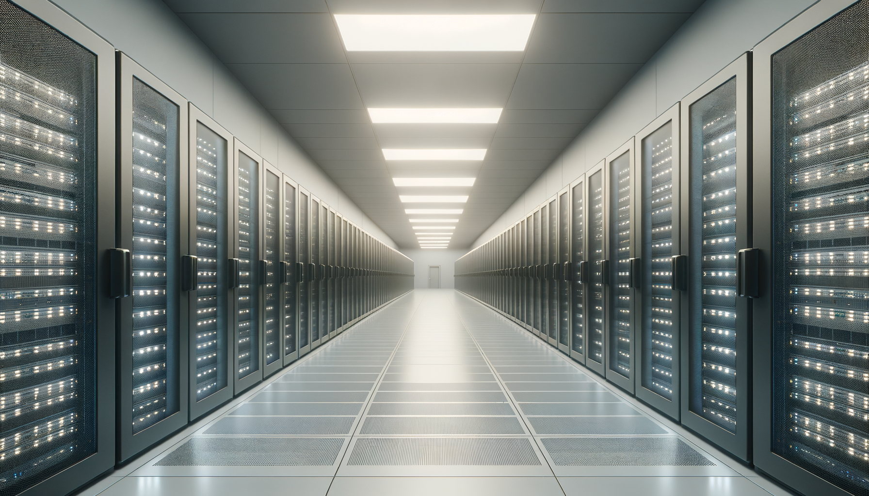 Long corridor of server racks in a data center with bright ceiling lights.