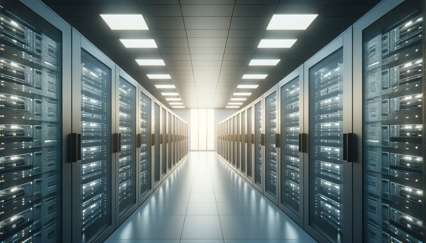 A modern data center with rows of server racks illuminated by cool white LED lights, under a grid-patterned ceiling, leading towards a bright window at the end.