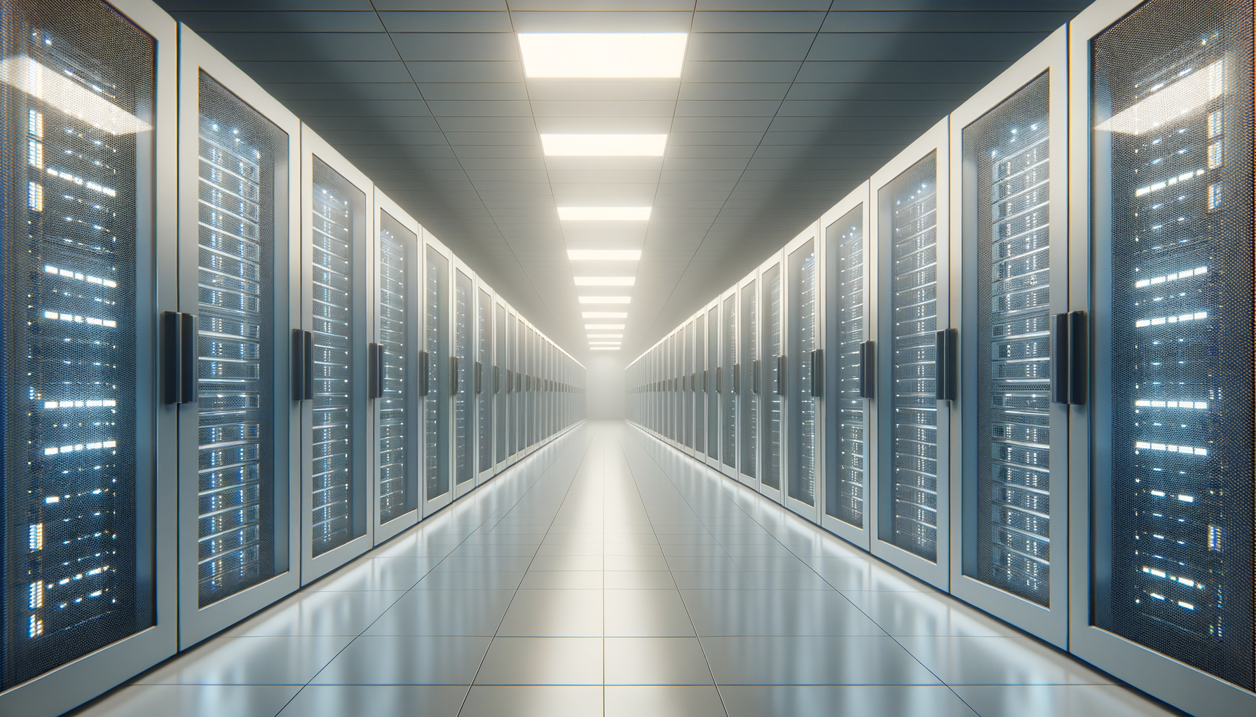 A modern data center hallway with server racks on both sides, illuminated with bright ceiling lights.