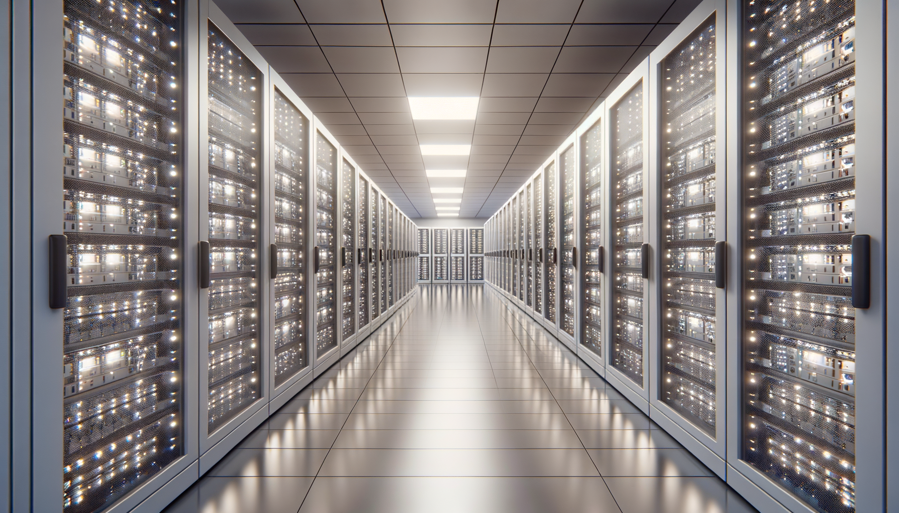 Long corridor of server racks with illuminated hardware in a data center.