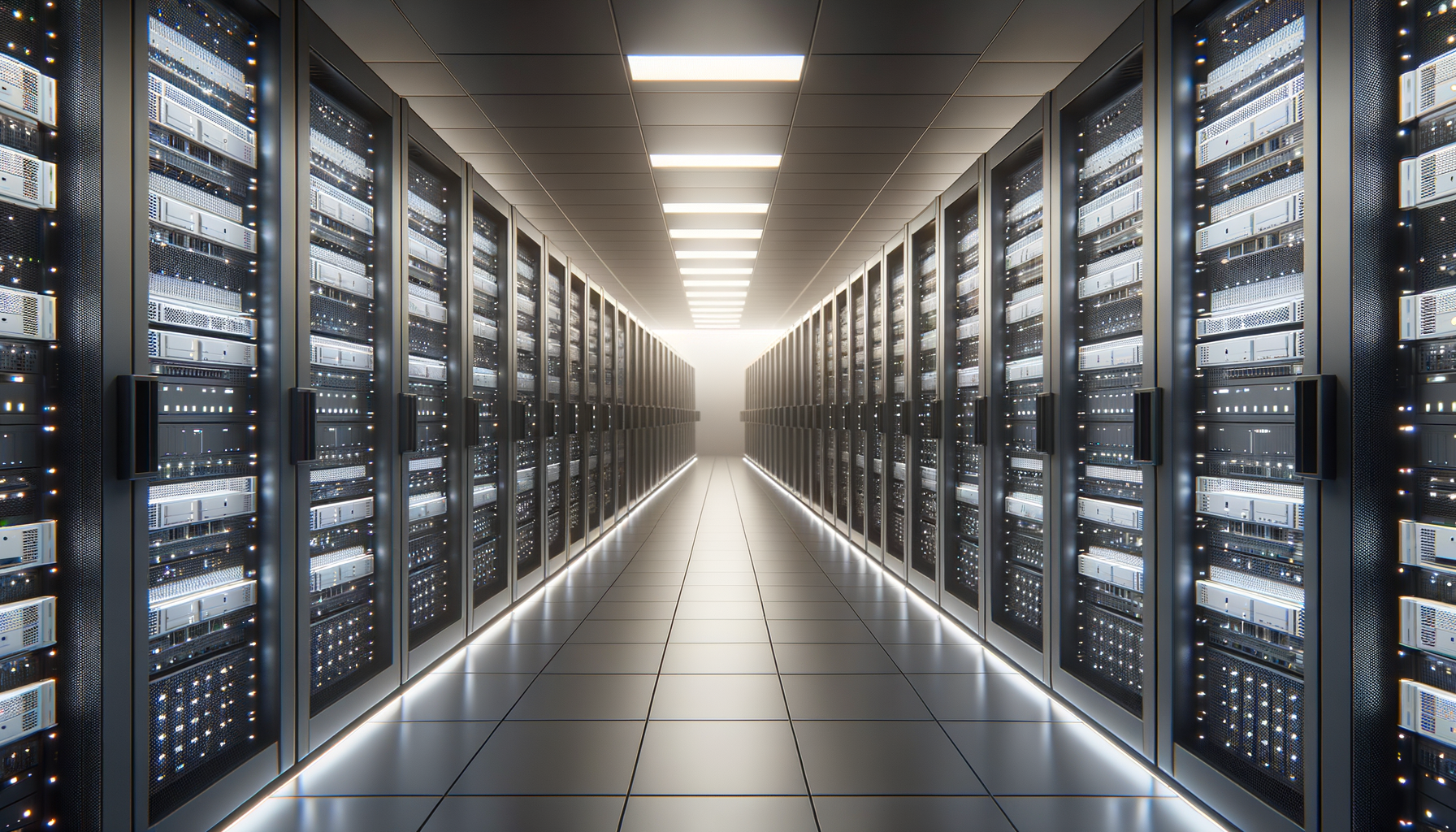 A modern data center with rows of server racks filled with illuminated computer servers, extending into the bright horizon.