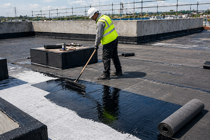 Construction worker in a safety helmet and reflective vest applying black roofing tar or waterproof membrane on a flat rooftop.