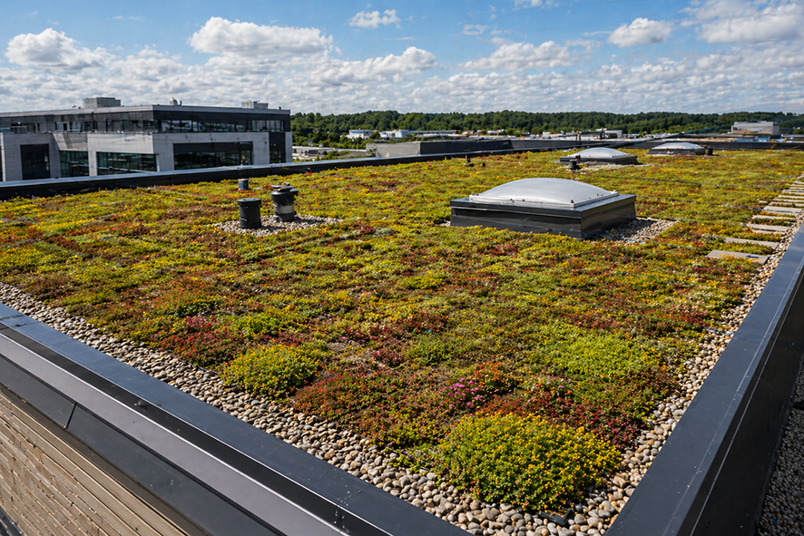Rooftop garden with various plants, vents, and skylights on a modern building against a partly cloudy sky.