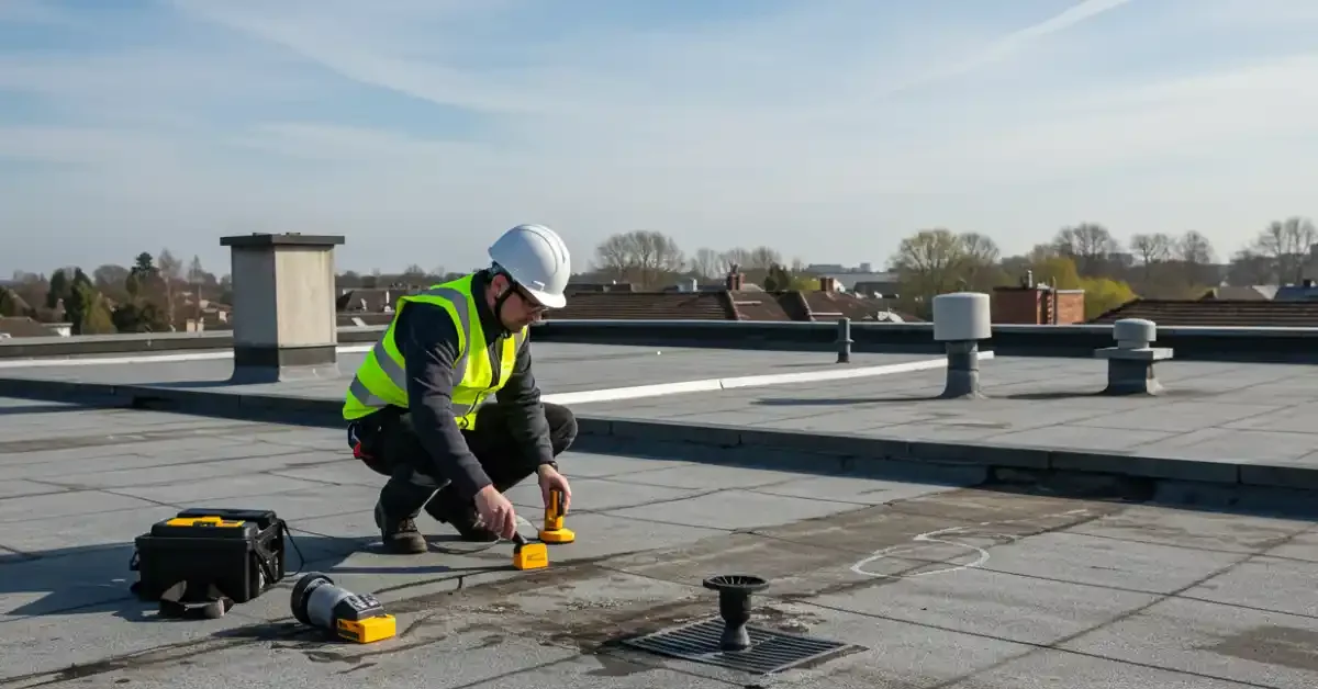 A worker in a safety vest and helmet crouches on a flat roof, using a device for roofing inspection or repair, with tools and equipment nearby, against a background of rooftops and trees.