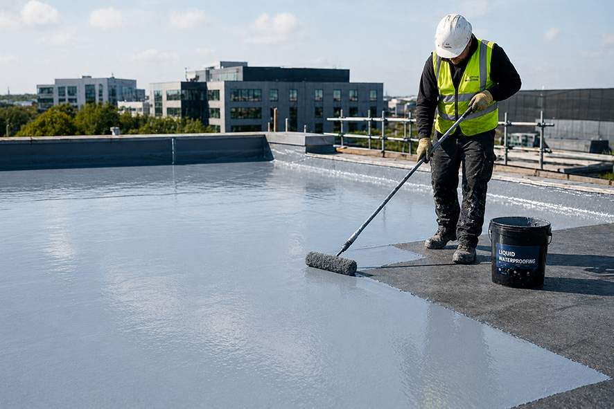 Construction worker in a white hard hat and yellow safety vest applying liquid waterproofing on a flat rooftop with a roller brush, with buildings in the background.
