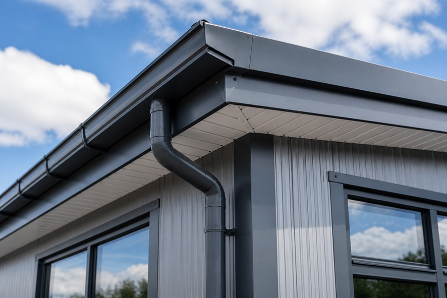 Close-up of a modern building's corner with a metal roof, black gutter, and downspout against a blue sky with clouds.