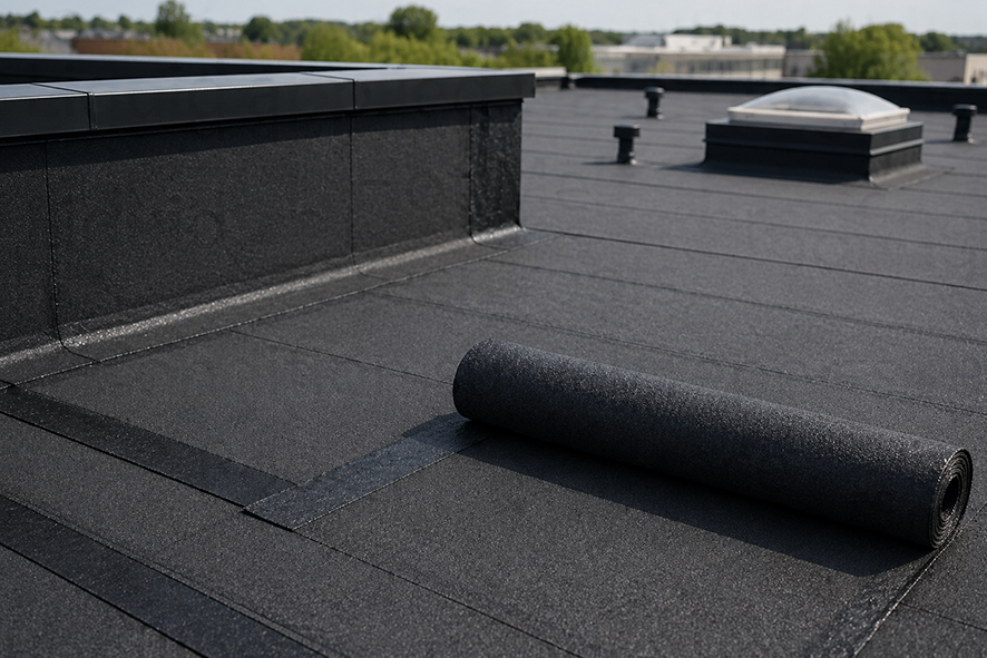 A black roofing membrane being installed on a flat roof with a rolled-up section in the foreground.