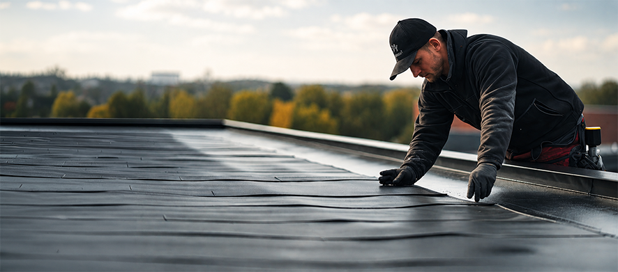 A man working on a metal roof outdoors during daytime, wearing gloves and a dark jacket, with trees and a cloudy sky in the background.