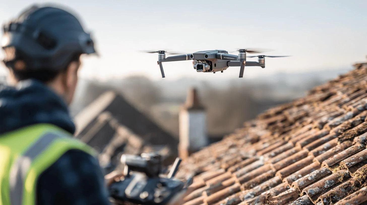 A person wearing a helmet and safety vest operating a drone flying over a tiled roof in a residential area.