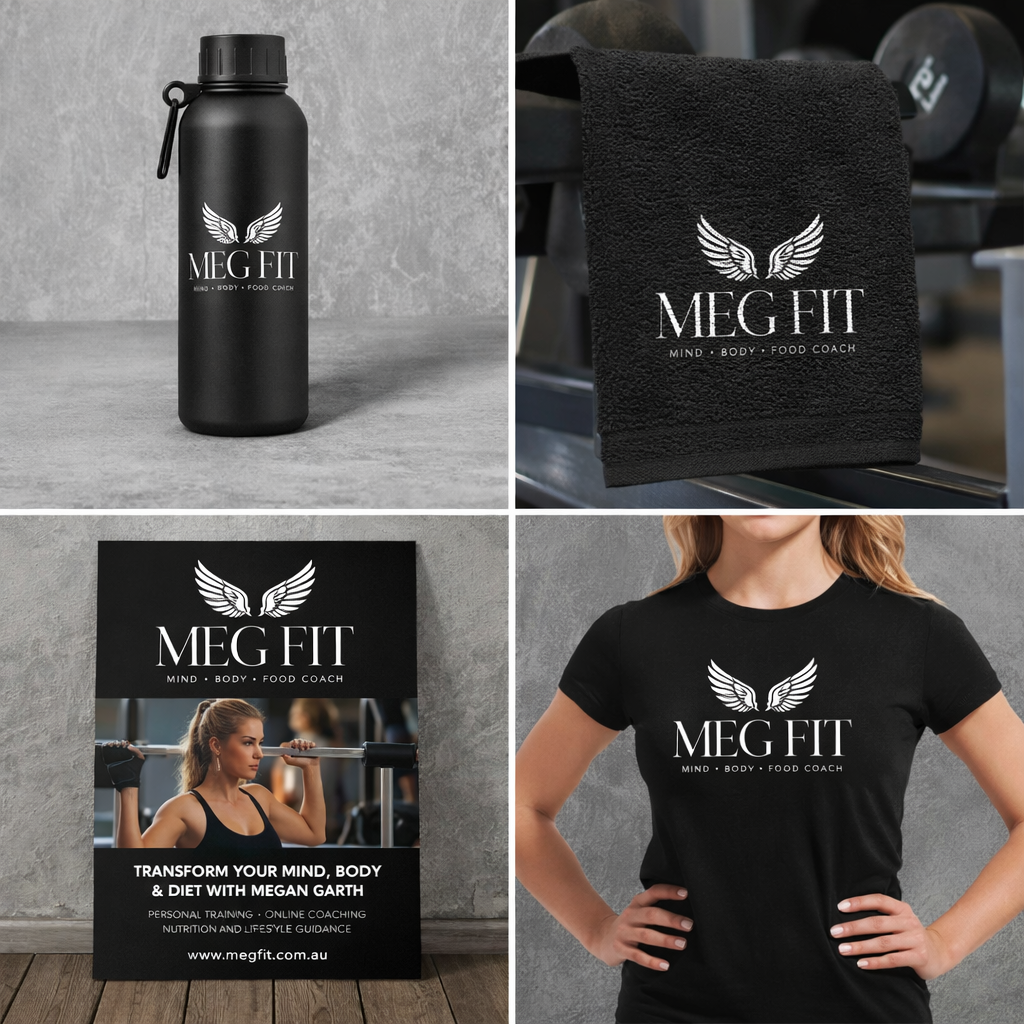 Collection of branding materials and merchandise for MEG FIT, including a black water bottle, a black towel with white logo, a promotional poster with a woman lifting weights, and a woman wearing a black T-shirt with the MEG FIT logo.
