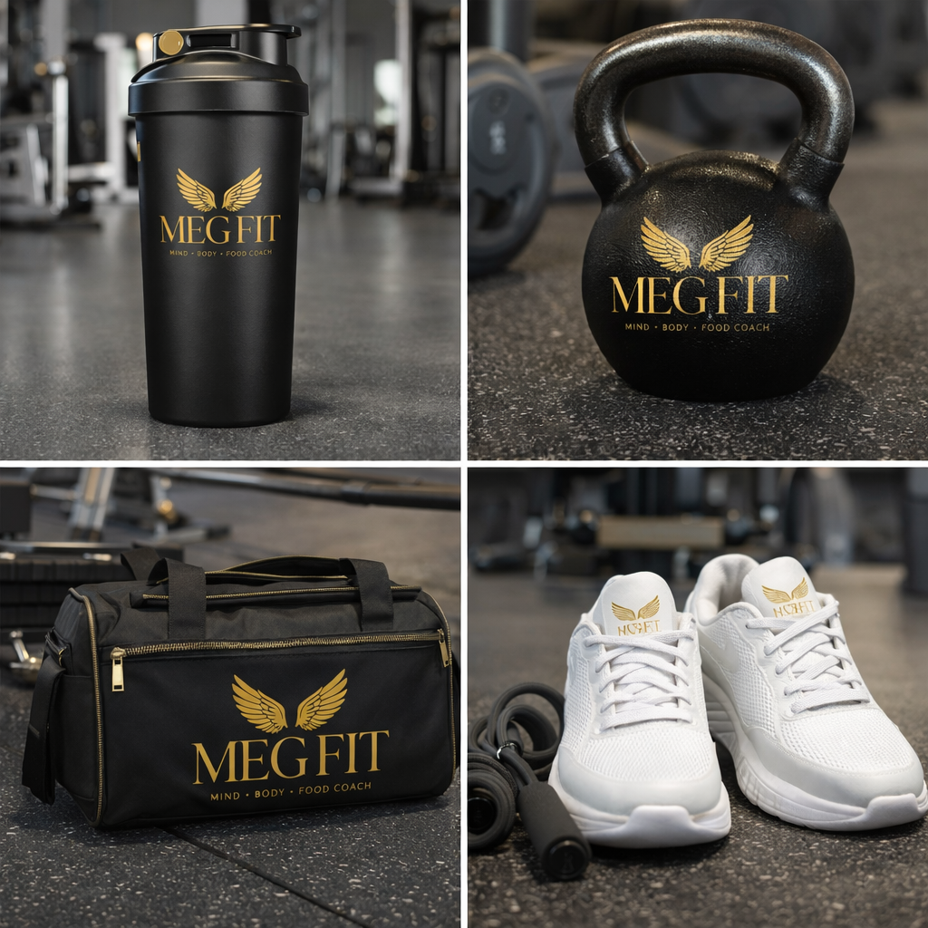 A selection of fitness gear with the MegFit logo, including a black shaker bottle, a kettlebell, a gym bag, and a pair of white athletic shoes with black wrist wraps, set in a gym environment.