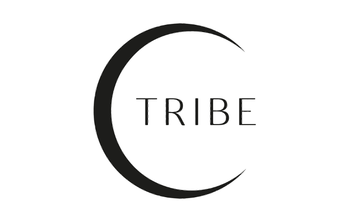 Logo with a crescent moon shape and the word "TRIBE" in the center.