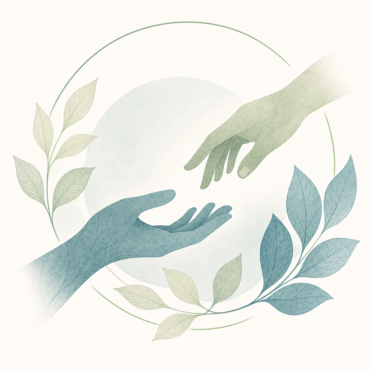 Stylized illustration of two hands reaching towards each other surrounded by leaves.