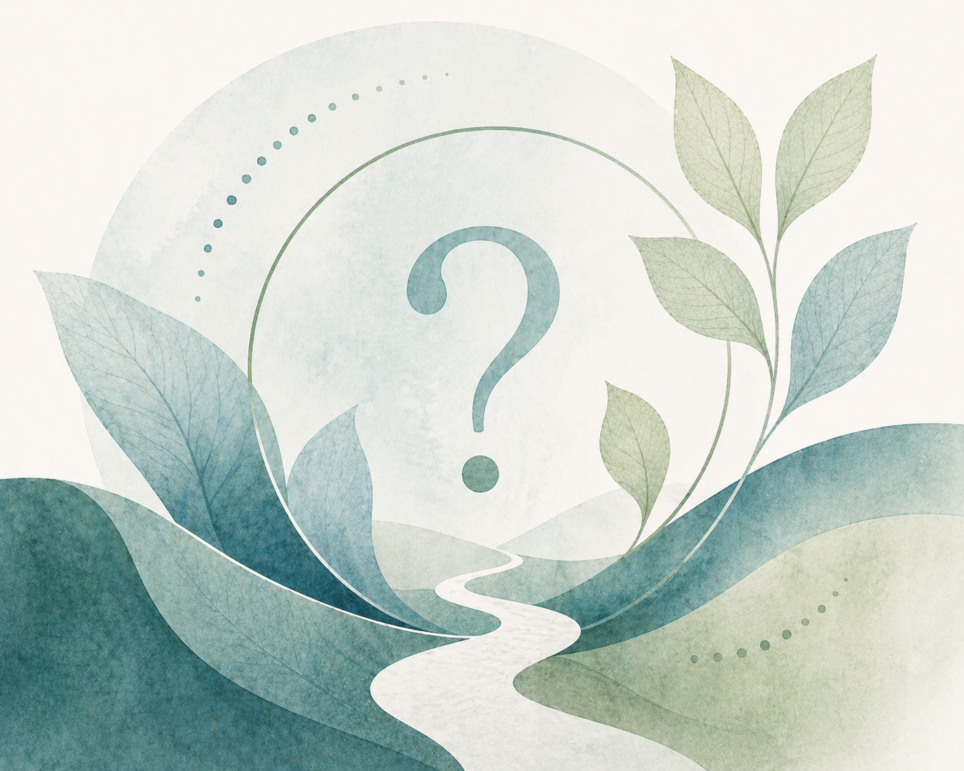 Abstract illustration of a natural landscape with rolling hills, leaves, a winding river, and a large question mark in the center.