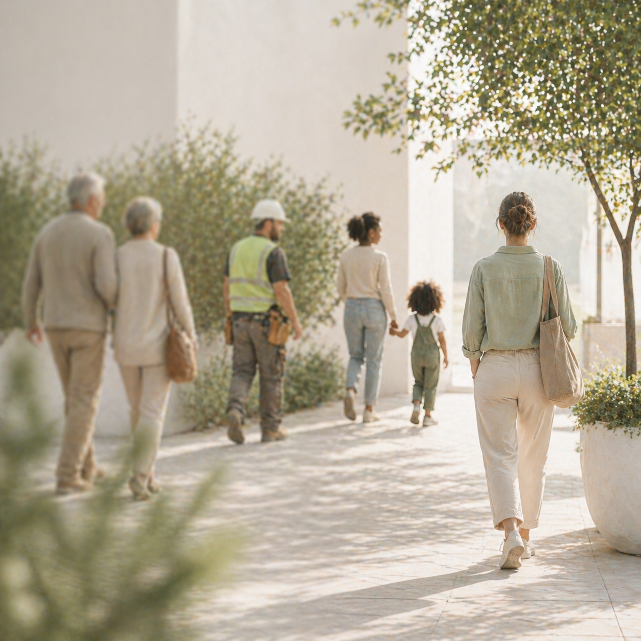 A diverse group of people, including children and adults, walking outdoors on a sunny day, with some holding hands, near trees and modern buildings.