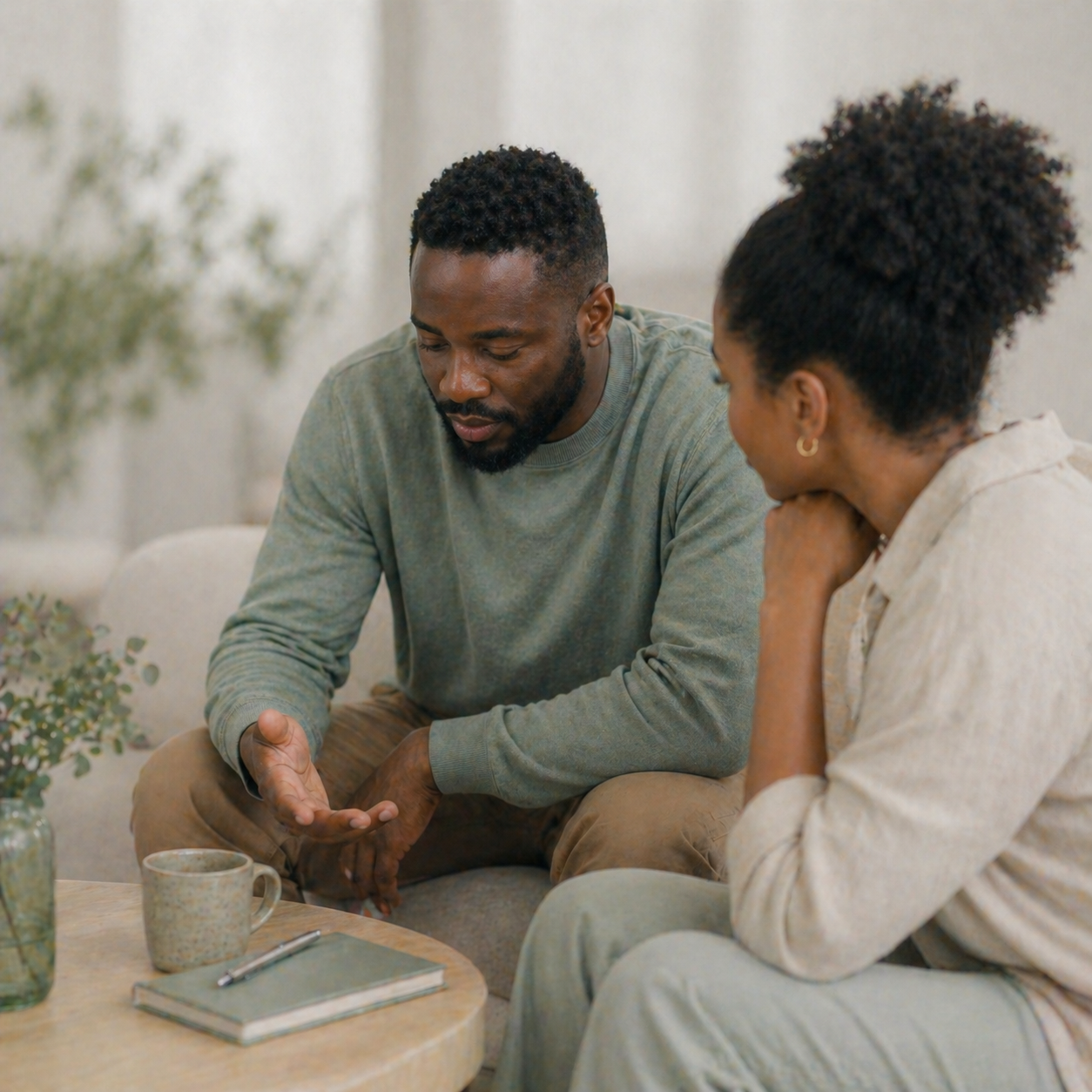 A man and a woman having a conversation indoors, sitting at a small table with a notebook and mug in front of them.