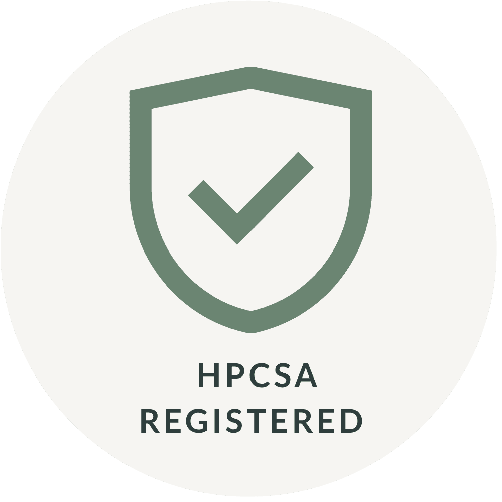 A circular badge with a shield icon and a check mark inside it, accompanied by the text "HPCSA REGISTERED" beneath.