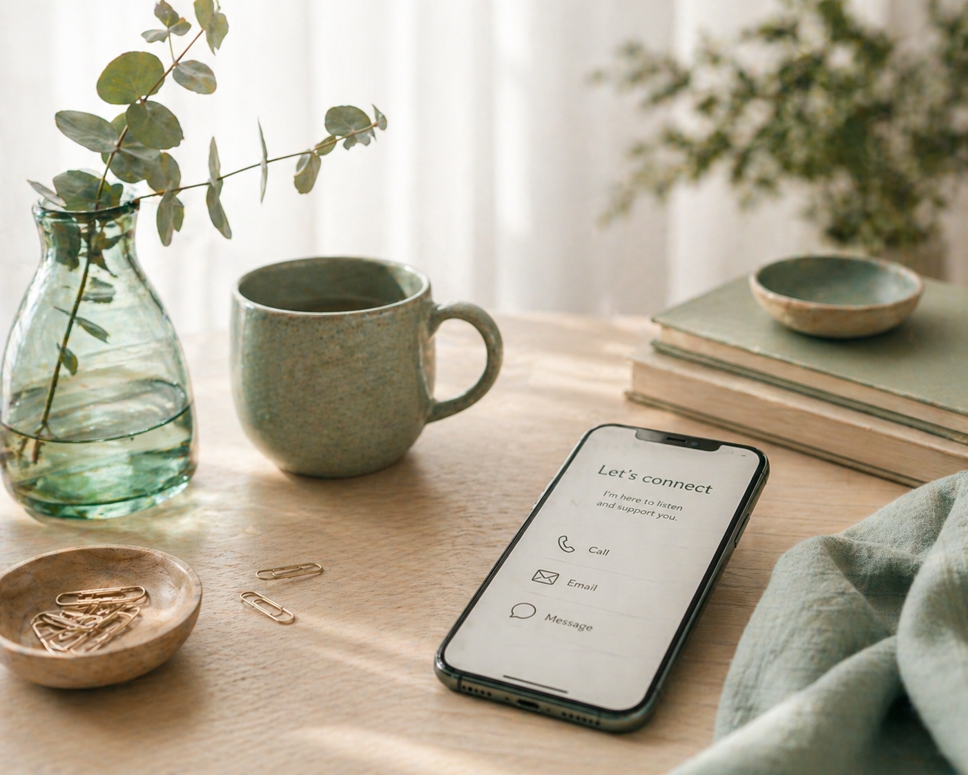 A wooden desk with a glass vase holding green leafy branches, a speckled ceramic mug, a stack of books with a ceramic bowl on top, a smartphone displaying a contact app, a small wooden bowl with paper clips, and a soft fabric cloth.