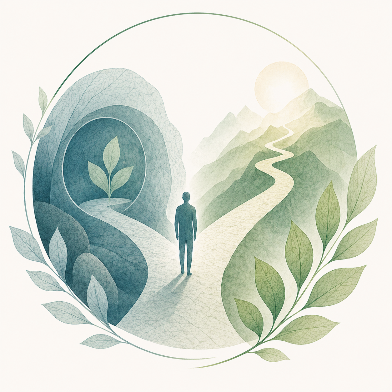 Abstract illustration of a person walking on a path through nature with mountains, sun, leaves, and a growing plant symbol.