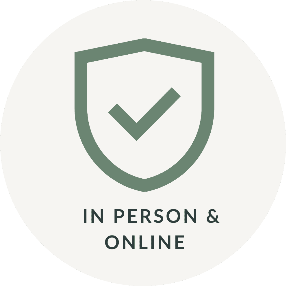 A circular icon with a shield containing a check mark, and the text "IN PERSON & ONLINE" underneath.