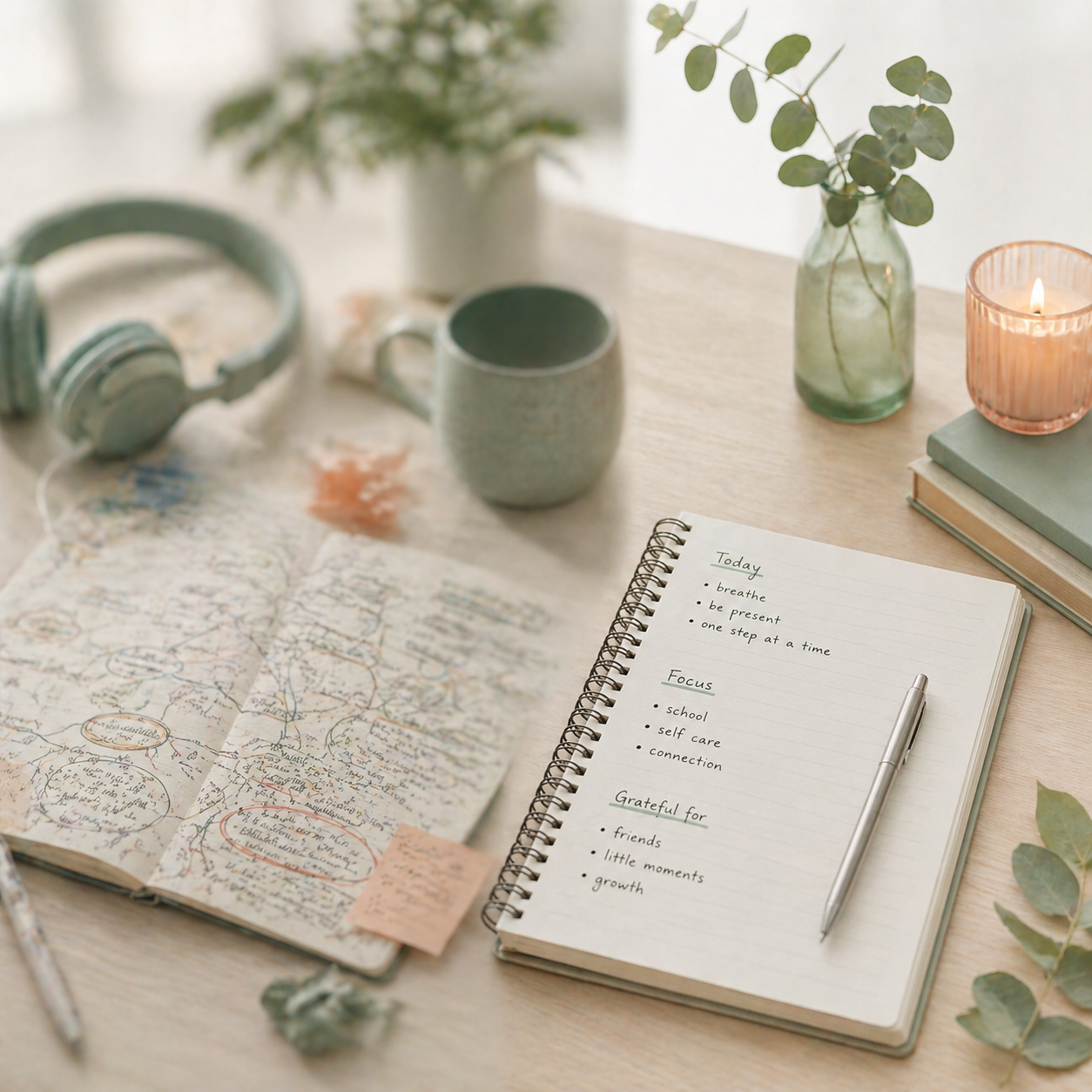 A wooden desk with a notebook, a map, a pen, a cup, a potted plant, a lit candle, and a pair of teal headphones