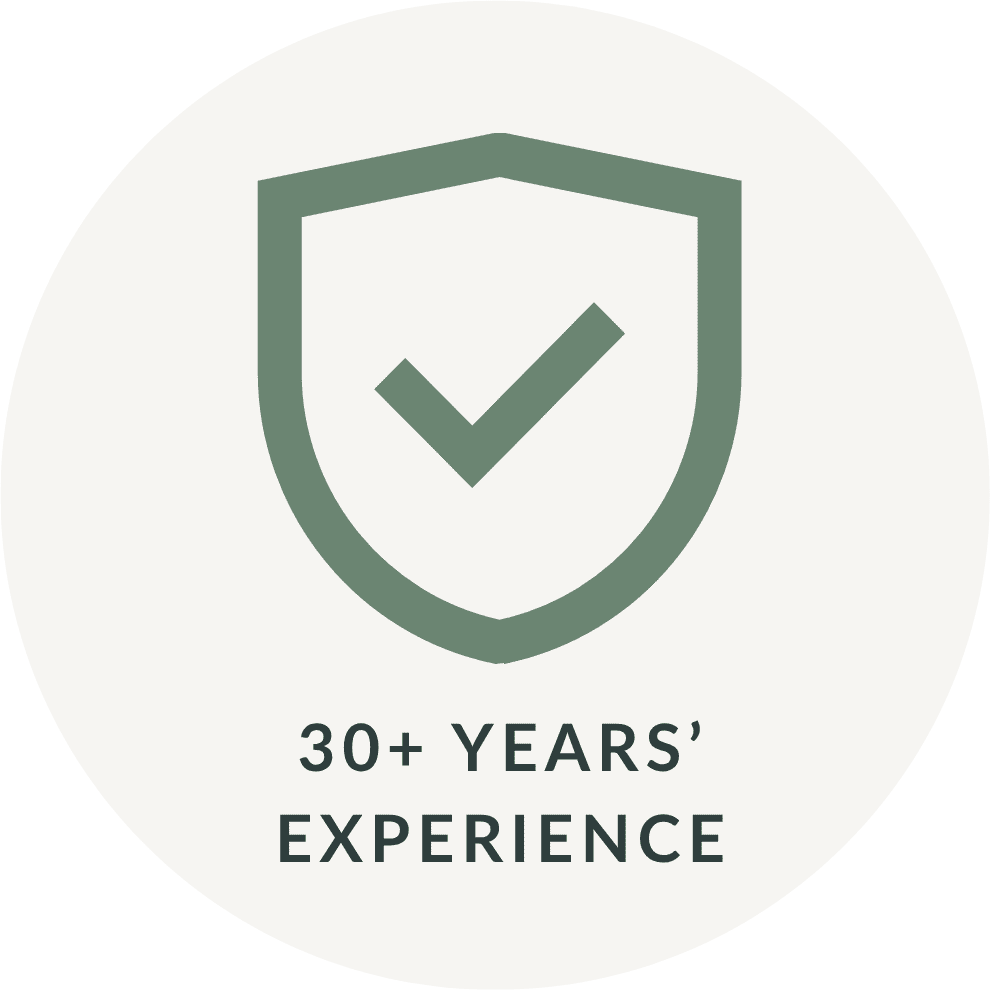 Green shield icon with a check mark inside, above the text '30+ YEARS' EXPERIENCE'.