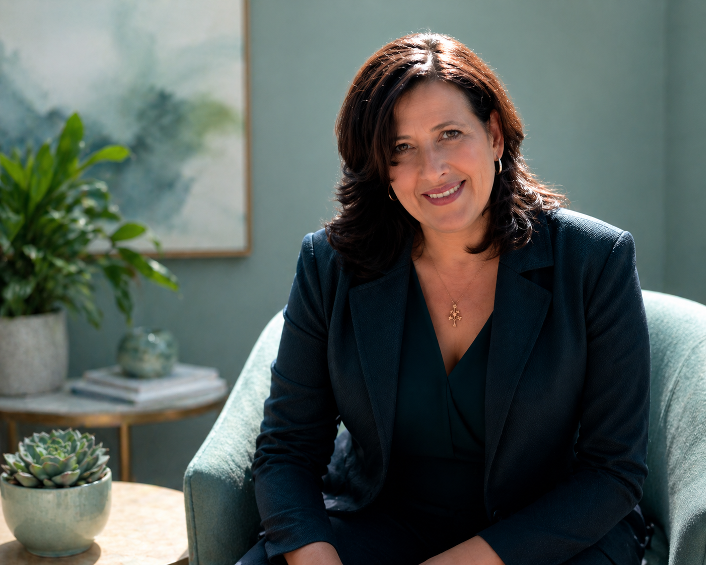A woman with dark brown hair, wearing a navy blazer and a gold necklace, smiling while sitting in a light green armchair in a well-lit room.
