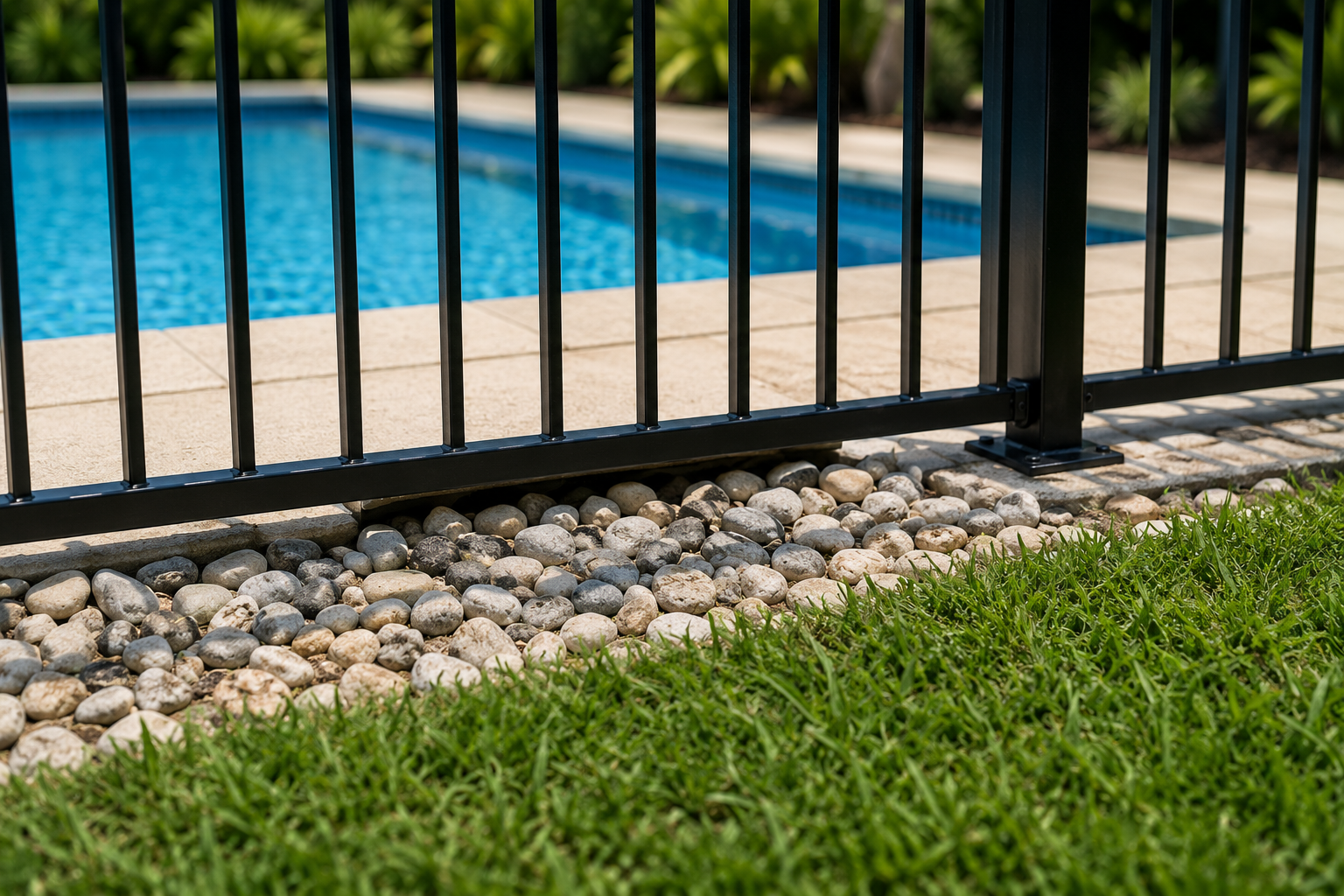 Black metal pool fence with vertical bars, beige stone border, green grass in foreground, and a blue swimming pool with water in the background.