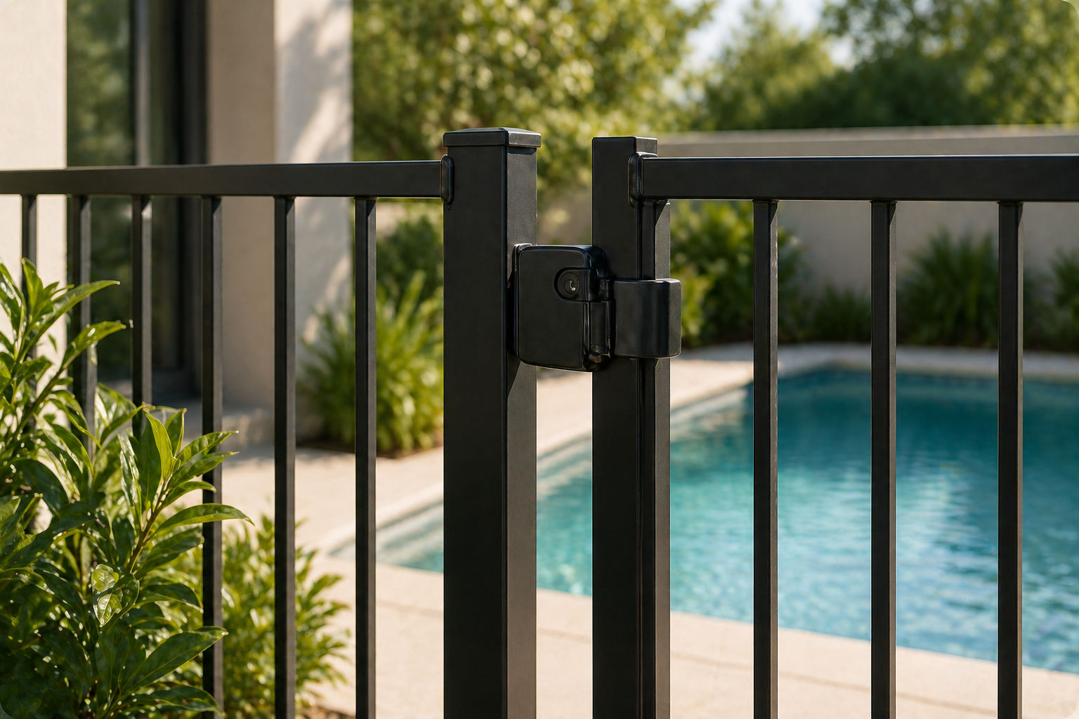 Black pool gate with latch in front of a swimming pool, plants, and beige building, sunny outdoor scene.