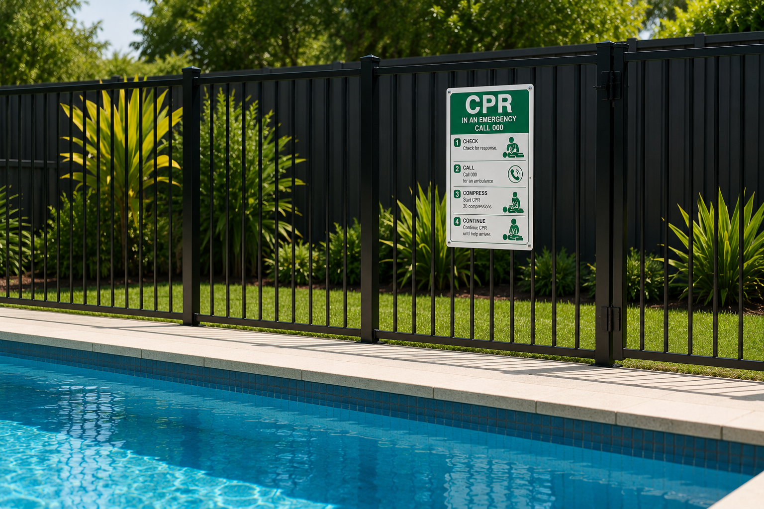 Poolside safety sign providing CPR instructions next to a black metal fence, with green plants and trees in the background.