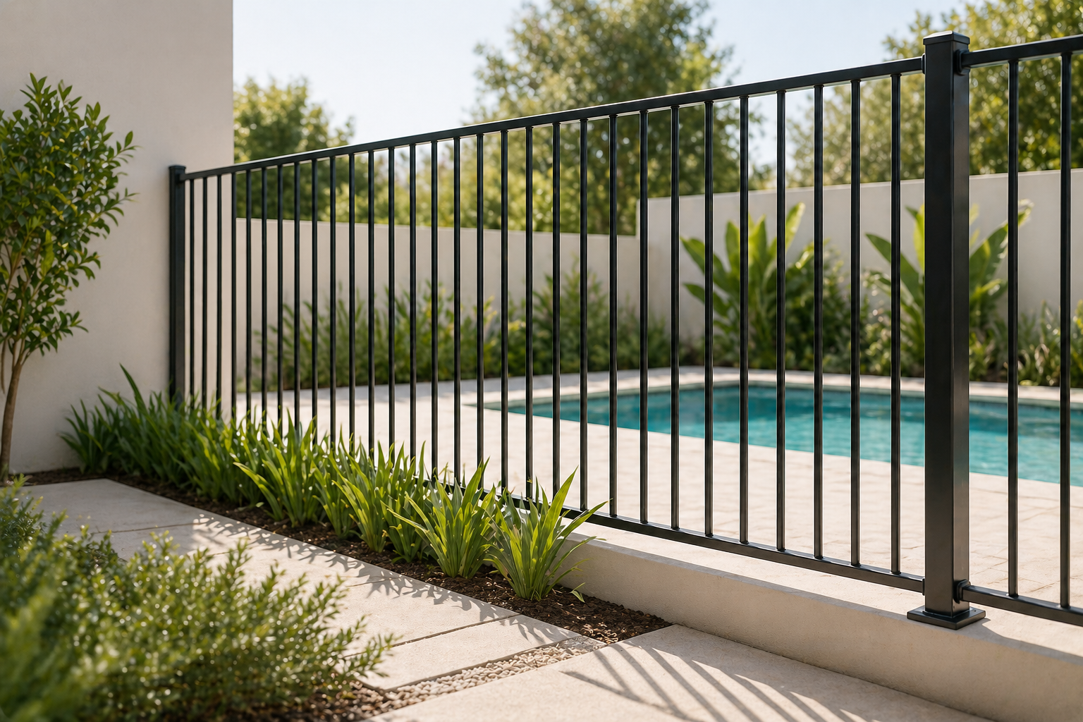 Fenced backyard swimming pool surrounded by plants and a concrete patio, with trees and blue sky in the background.