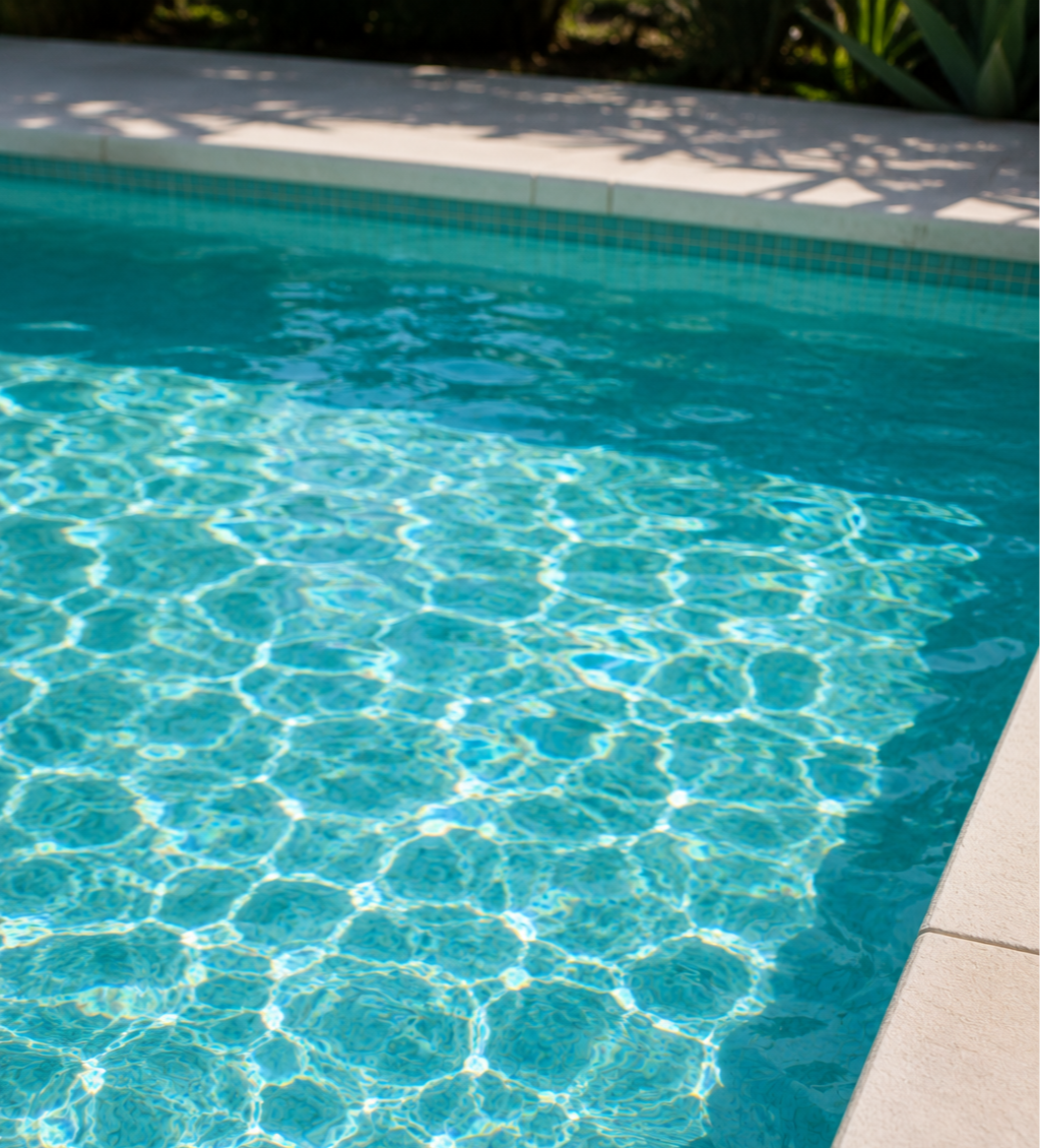 Close-up view of a swimming pool with clear blue water, reflecting sunlight, and a concrete poolside with some plants in the background.