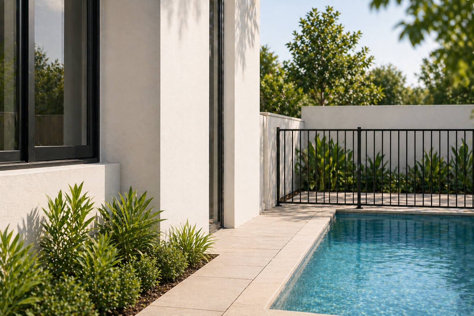 A modern residential backyard with a swimming pool, green plants along the edge, a white wall, and a black metal fence, with trees in the background and clear blue sky.