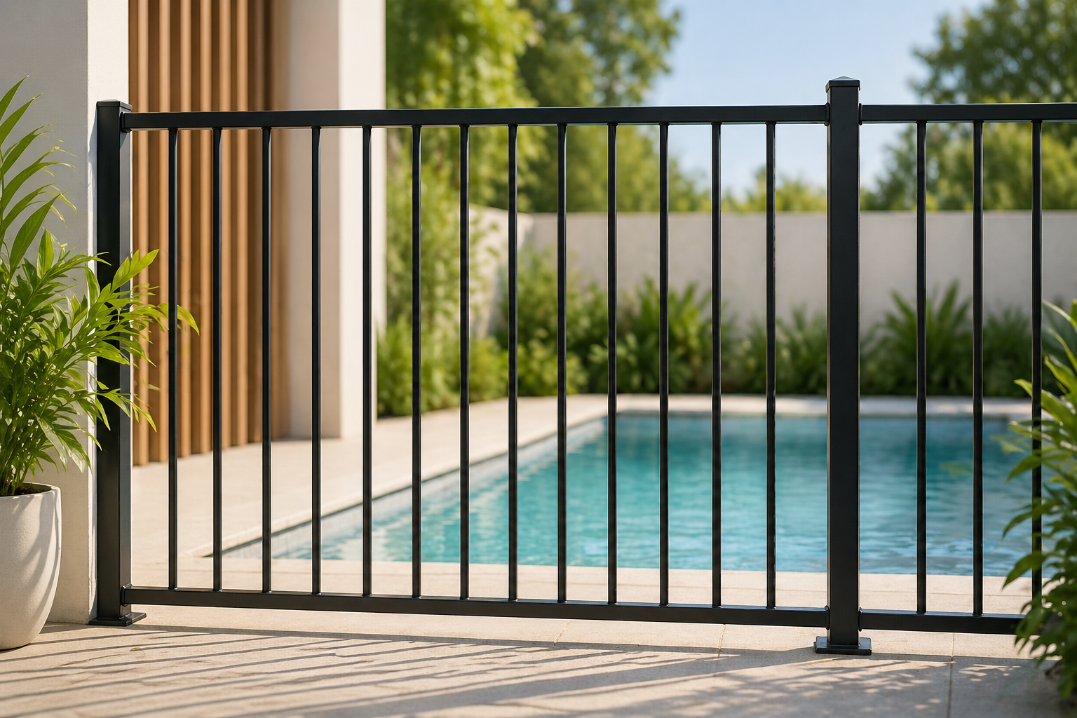 View of a backyard pool with black metal fence, potted plants on the patio, and green bushes and trees in the background on a sunny day.