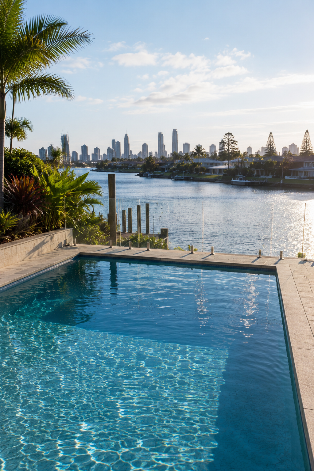 A pool overlooks a waterway with a city skyline in the background, surrounded by lush plants and palm trees, under a partly cloudy sky.