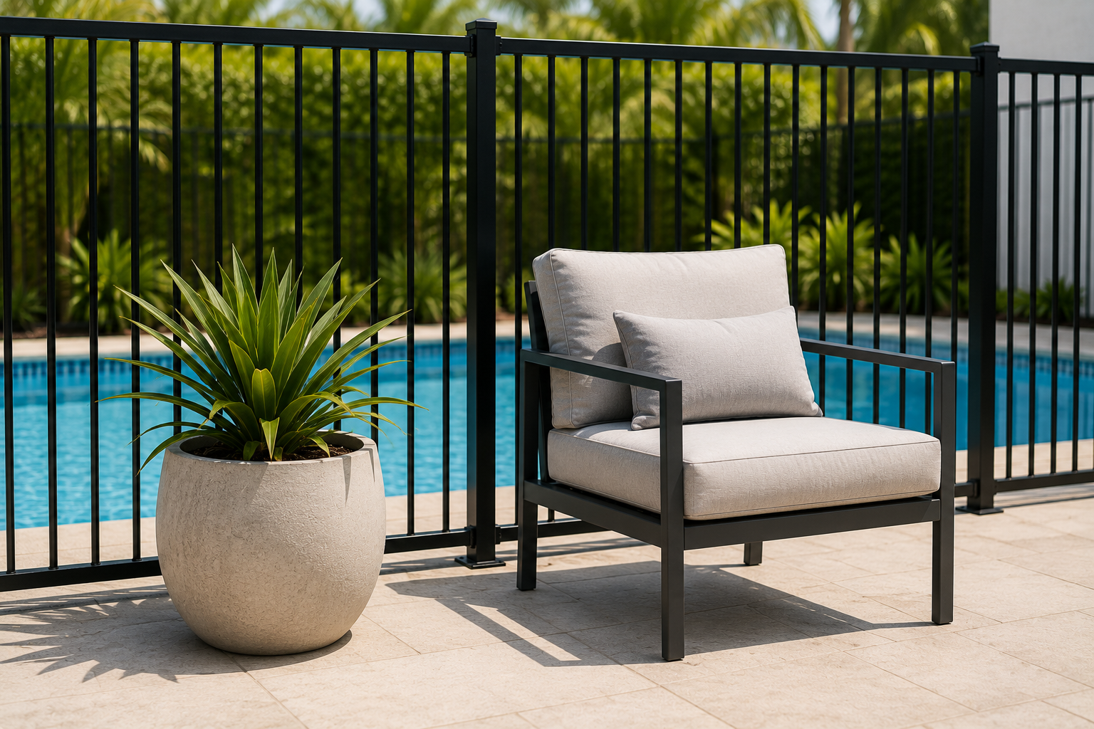 A patio with a cushioned outdoor chair next to a large potted plant, overlooking a swimming pool enclosed by a black metal fence, surrounded by green plants and trees.