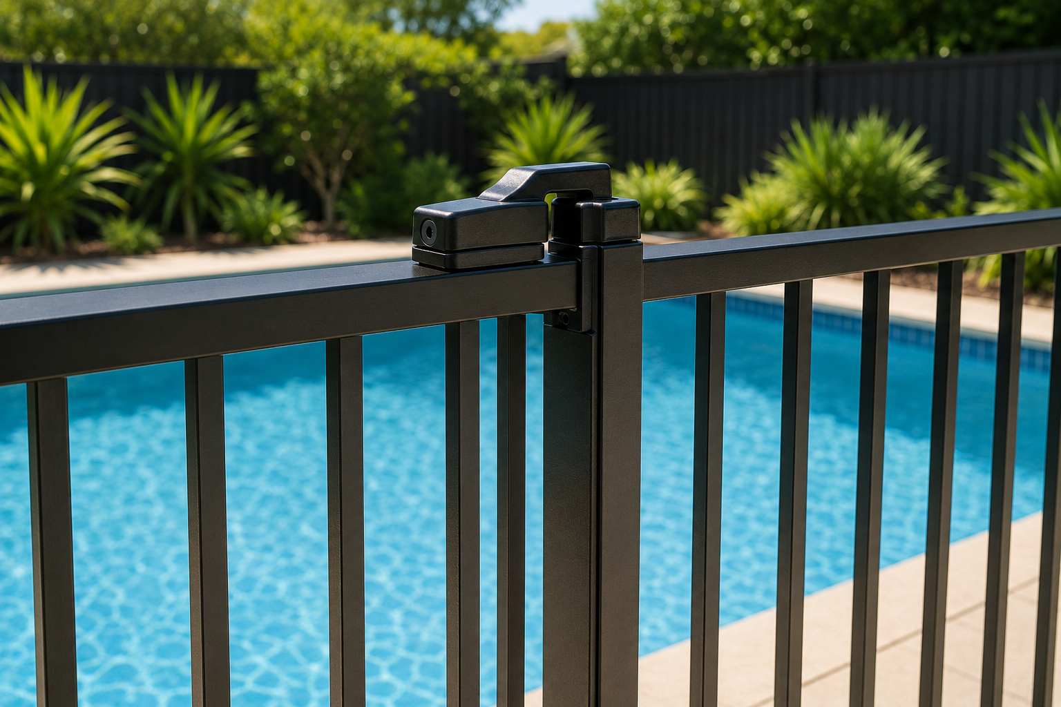 A black metal pool fence with a gate latch overlooking a swimming pool and green plants in the background.
