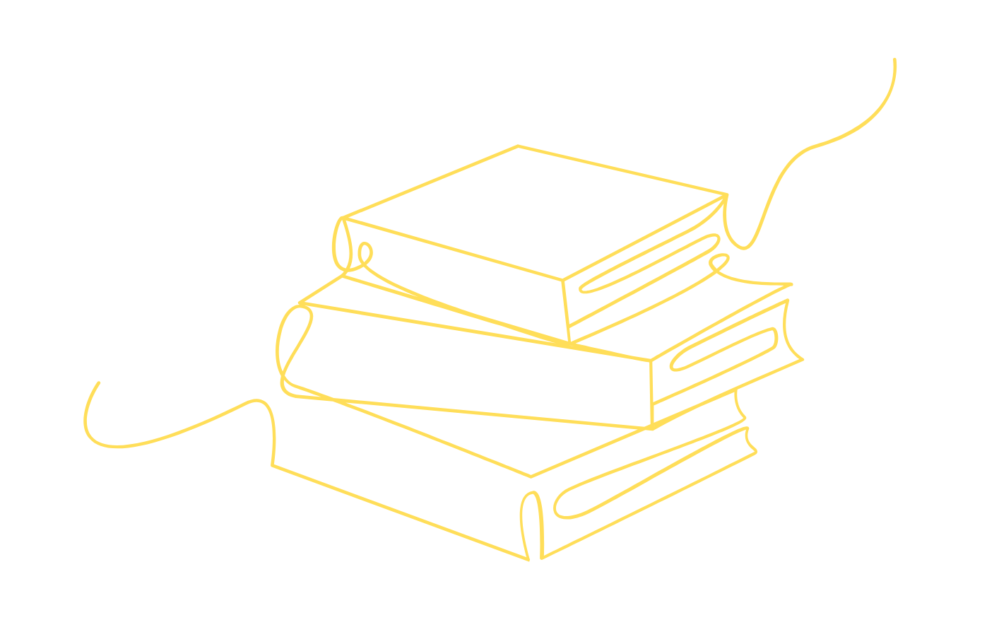 Line drawing of a stack of three books with a ribbon or string wrapped around them on a black background